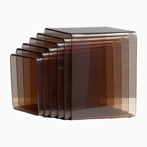 Brown-Smoked Acrylic Nesting Tables attributed to Michel Dumas for Roche Bobois, Set of 6