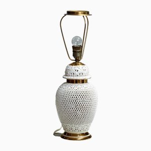 Romantic White Glazed Ceramic Perforated Table Lamp, Italy, 1960s