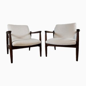 Fauteuils Mid-Century en Hêtre Foncé et Bouclé Blanc par Edmund Homa, Pologne, 1960s, Set de 2