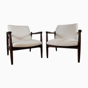 Set of Mid-Century Armchairs in Darkened Beech and Bouclé White by Edmund Homa, Polish, 1960s