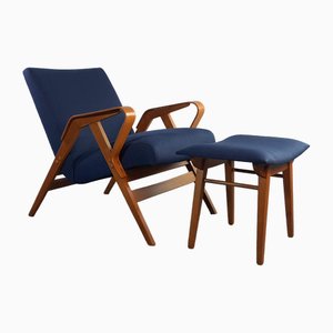 Vintage Chair with Ottoman in Beech and Blue Fabric by Franisek Jiràk for Tatra, Czech, 1960s, Set of 2