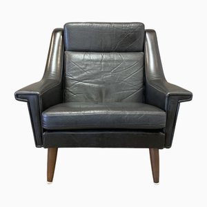 Scandinavian High Black Leather Armchair, 1950s