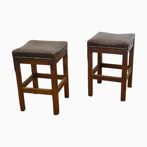 Arts and Crafts Golden Oak and Leather Stools, 1880, Set of 2