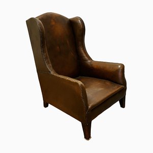 Art Deco French Wing Back Chair in Dark Brown Leather, 1920s