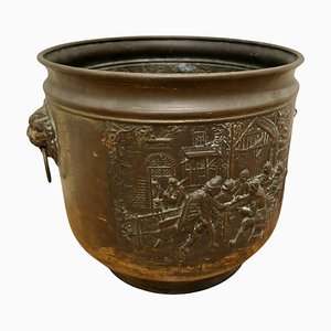 Arts and Crafts Brass Coal Bin with Tavern Scenes, 1900s