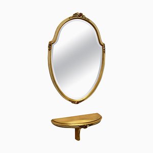 Consola y espejo Barbola francesa dorada, años 40. Juego de 2