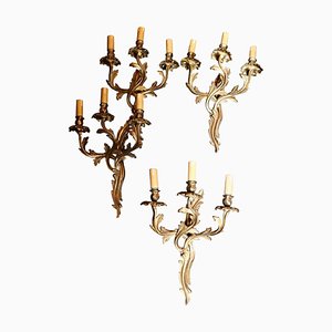 Large French Brass 3-Branch Wall Lights, 1920, Set of 4
