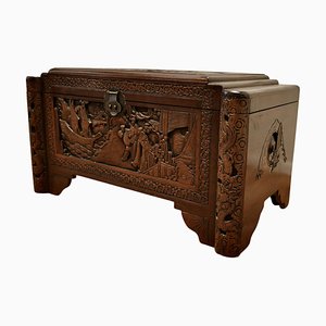 Art Deco Oriental Carved Camphor Wood Chest, 1920