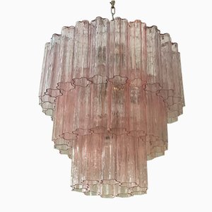 Lámpara de araña tubular grande de Murano rosa