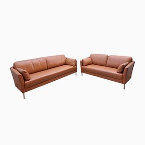 Ledersofa in Cognacfarben, 2er Set