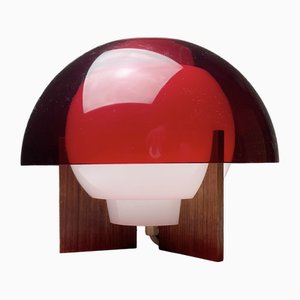 Danish Red Transparent Table Lamp with Teak Base by Bent Karlby for Ask Lightings, 1970s