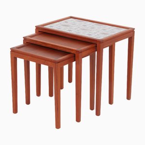 Danish Side Nesting Tables in Teak with Tiles, 1970s, Set of 3