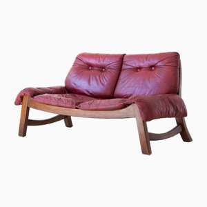 Vintage Italian Bordeaux Leather and Wood Sofa, 1960s