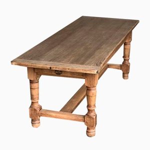 French Bleached Oak Farmhouse Dining Table with Drawer, 1920