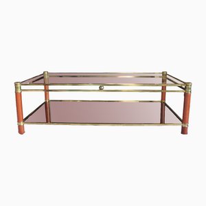 Rectangular Glass Brass & Wood Coffee Table with Mirrored Base, Italy, 1980s