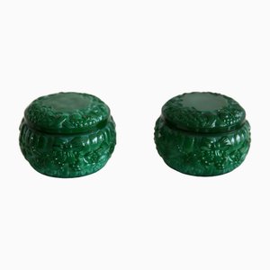 Art Deco Green Glass Paste Boxes, 1930s, Set of 2