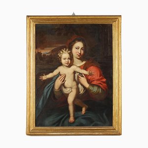 Artista escolar boloñesa, Virgen con el niño, óleo sobre lienzo, década de 1700, enmarcado