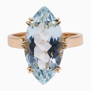 Vintage 18k Yellow Gold with Navette Cut Aquamarine Ring, 1970s