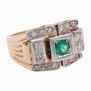 Bague Tourmaline Verte et Diamant Vintage en Or Jaune 18k, 1950s