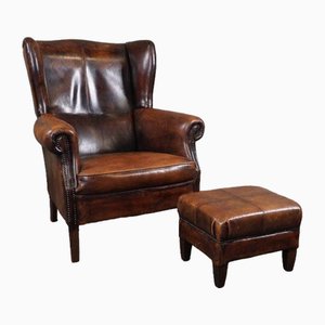 Large Vintage Leather Armchair & Ottoman, Set of 2