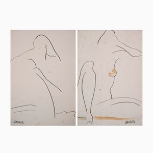 Joanna Sarapata, Two Female Nudes, Pen and Colour Wash, 1970s, Set of 2