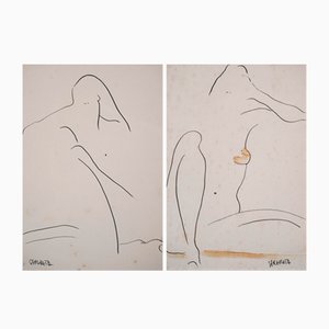 Joanna Sarapata, Two Female Nudes, Plume et Lavis, 1970s, Set de 2