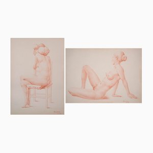 Barrera, Female Life Studies, Pencil Drawings, 1970, Framed, Set of 2
