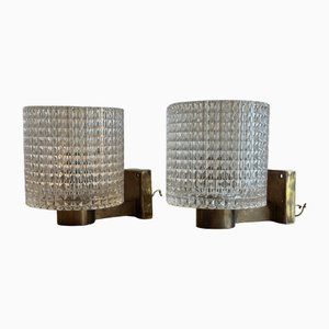 Mid-Century Scandinavian Brass & Crystal Wall Lamps by Carl Fagerlund for Orrefors, 1950s, Set of 2