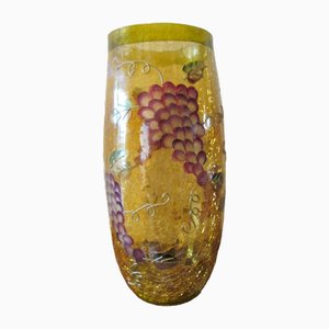 Vaso in vetro giallo con vernice screpolata e motivo a uva, anni '50