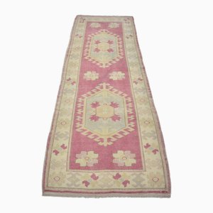 Long Tapis de Couloir Rose Pastel Fait Main Turc