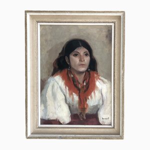 Edouard Morerod, Jeune Fille Espagnole au Foulard, Olio su cartone, con cornice