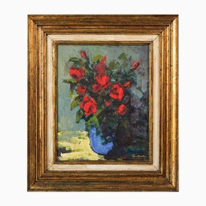 Red Flowers in a Blue Vase, Late 20th Century, Oil on Canvas, Framed