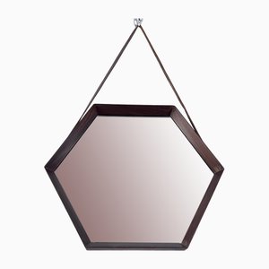 Espejo de pared italiano Mid-Century hexagonal de madera, años 50