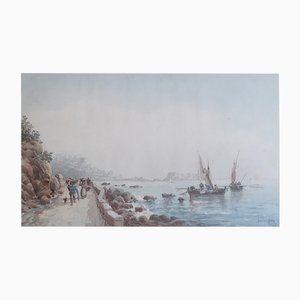 Émile Henry, Back from the Market by the Sea and Fishing Boats, Watercolor on Paper, Framed