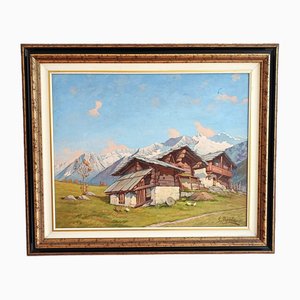 E. Mariola, Payasage de montagne et chalets, 1942, Oil on Wood, Framed