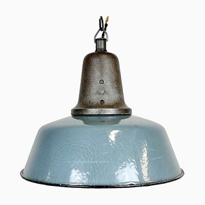 Lampe à Suspension d'Usine Industrielle en Émail Bleu avec Plateau en Fonte, 1960s