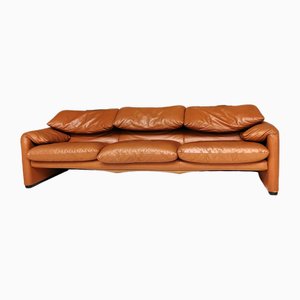 Maralunga 3-Sitzer Sofa aus Cognacfarbenem Leder von Vico Magistretti für Cassina, 1978