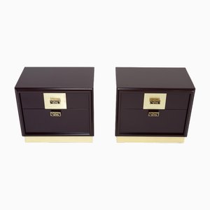 Italian Luciano Frigerio Plum Lacquered Brass Nightstands Tables, 1970s, Set of 2