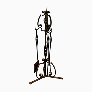 French Gothic Wrought Iron Manor House Fire Tool Companion Set, 1830