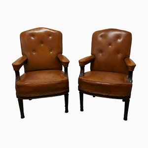 French Arts and Crafts Salon or Library Leather Chairs, 1900s, Set of 2