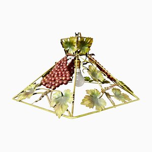 French Toleware Bistro Ceiling Light Decorated with Vines, 1950