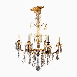 French Crystal 6-Arm Chandelier in Brass, 1920