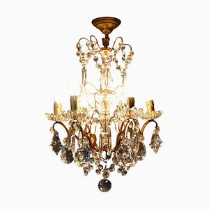 French Crystal 6-Arm Chandelier in Brass, 1930