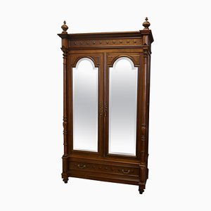 French Arts & Crafts Walnut Double Door Armoire with Mirror, 1890