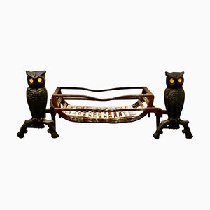 Model Owl Iron Fire Dogs with Grate, 1920s
