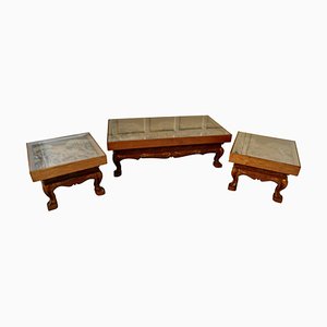 Indian Teak Coffee Table and Side Tables Carved with Elephants, 1970, Set of 3