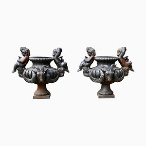 Cast Iron Garden Urns with Cherubs & Rams Heads, 1960, Set of 2