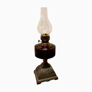 Cranberry Glass Oil Lamp on Decorative Iron Base, 1870s