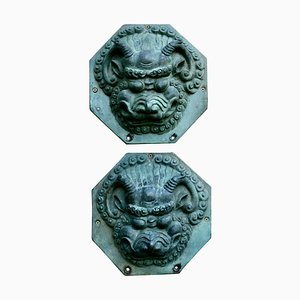 Large Chinese Bronze Foo Dog Foo Lion Door Plates, Set of 2