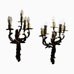Große französische Messing Wandlampen mit 5 Zweigen, 1960er, 2er Set